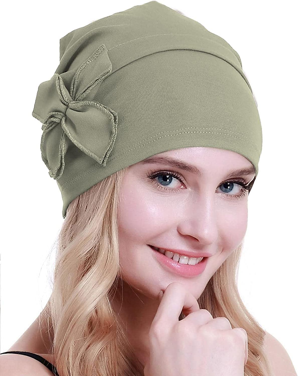 Osvyo Cotton Chemo Turbans Headwear Beanie Hat Cap for Women Cancer Patient Hairloss Apparel & Accessories > Clothing Accessories > Headwear osvyo Cotton Light Olive Drab One Size 