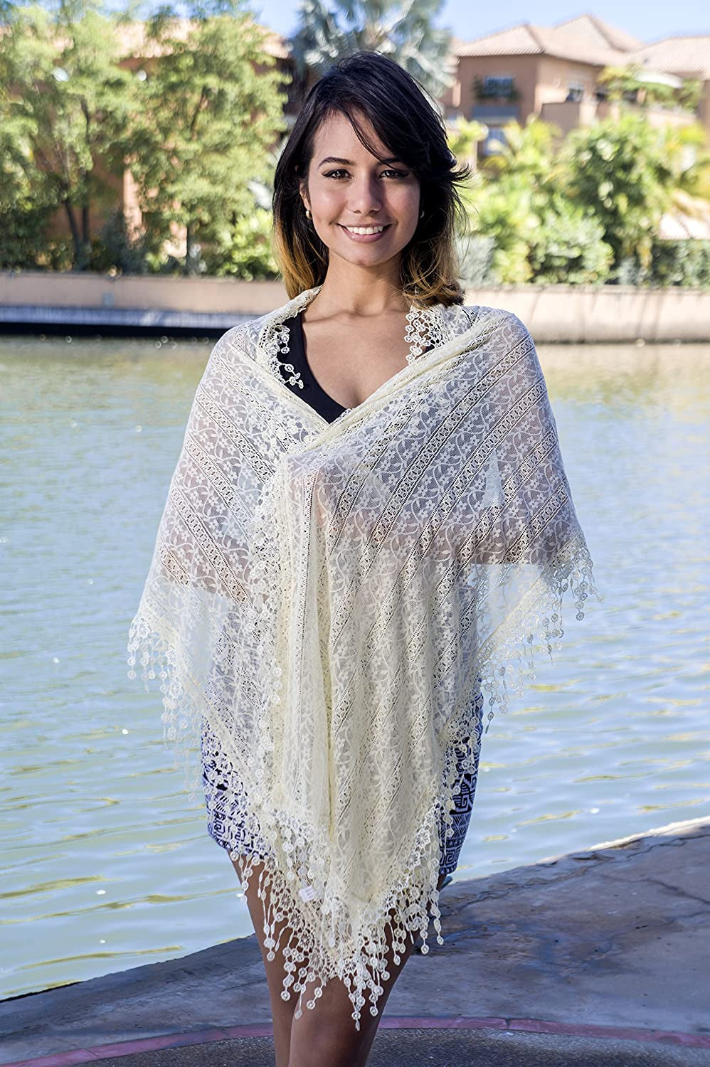 Cindy and Wendy Lightweight Soft Leaf Lace Fringes Scarf Shawl for Women Apparel & Accessories > Clothing Accessories > Scarves & Shawls Cindy and Wendy   