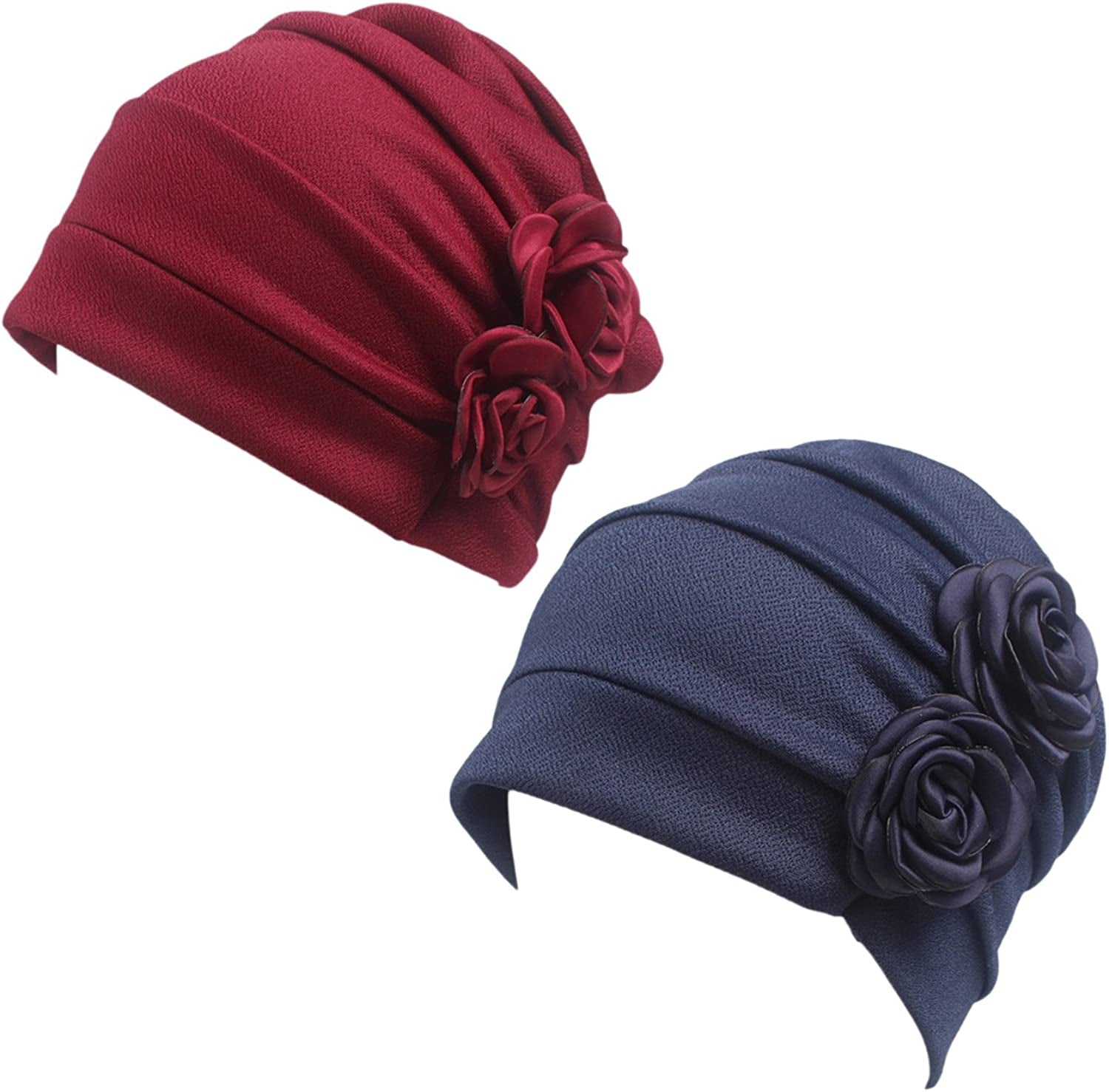 HONENNA Chemo Caps Headwear for Women Turbans Beanies Flowers Hats Headwrap for Cancer Patient Hair Loss Apparel & Accessories > Clothing Accessories > Headwear HONENNA Wine+navy Blue  