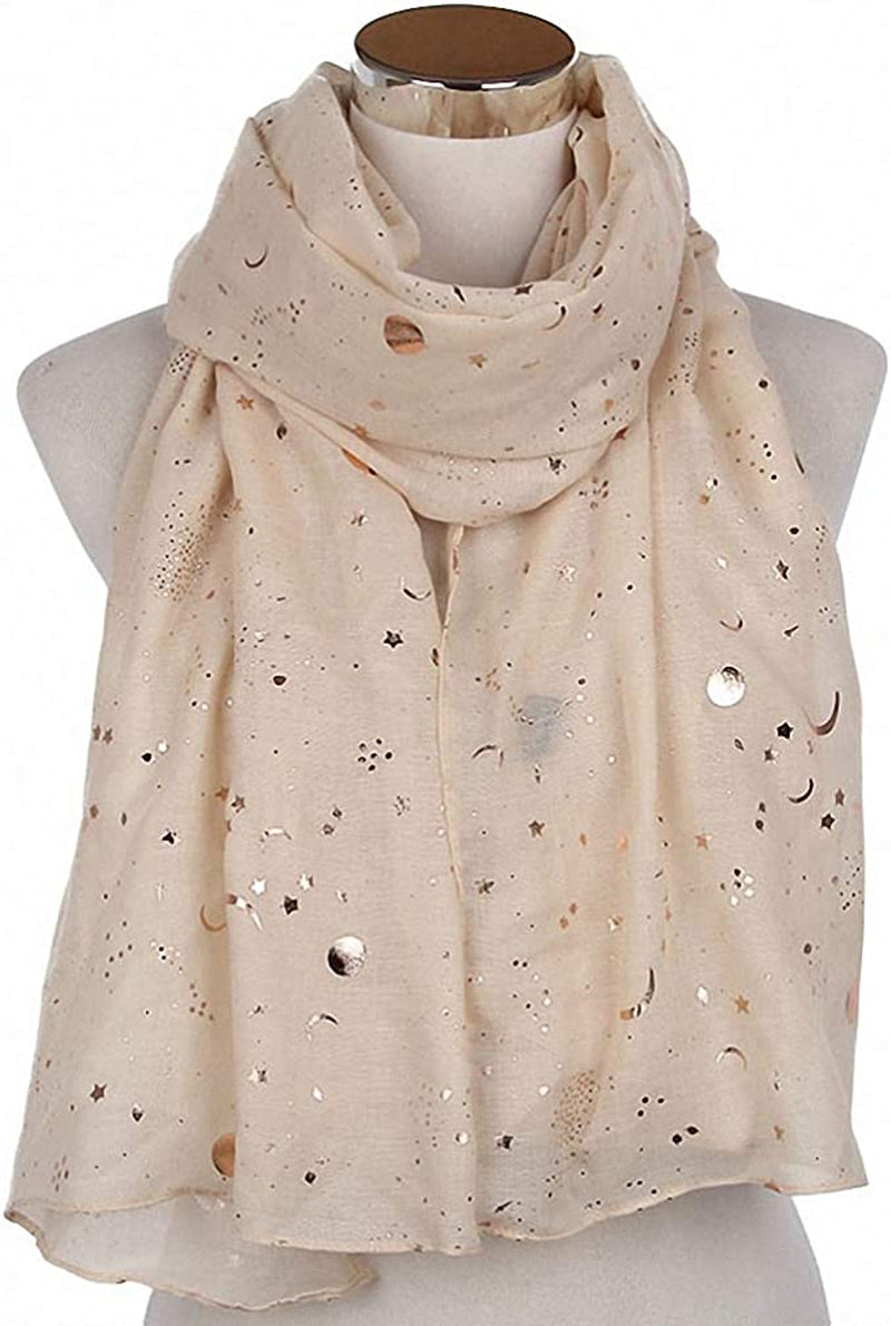 Tinpia Fashion Scarf for Women, Lightweight Colorful Shawl with Star Moon Pattern for Girls Ladies Women Apparel & Accessories > Clothing Accessories > Scarves & Shawls Tinpia Beige One Size 