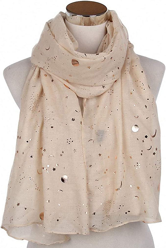 Tinpia Fashion Scarf for Women, Lightweight Colorful Shawl with Star Moon Pattern for Girls Ladies Women Apparel & Accessories > Clothing Accessories > Scarves & Shawls Tinpia Beige One Size 
