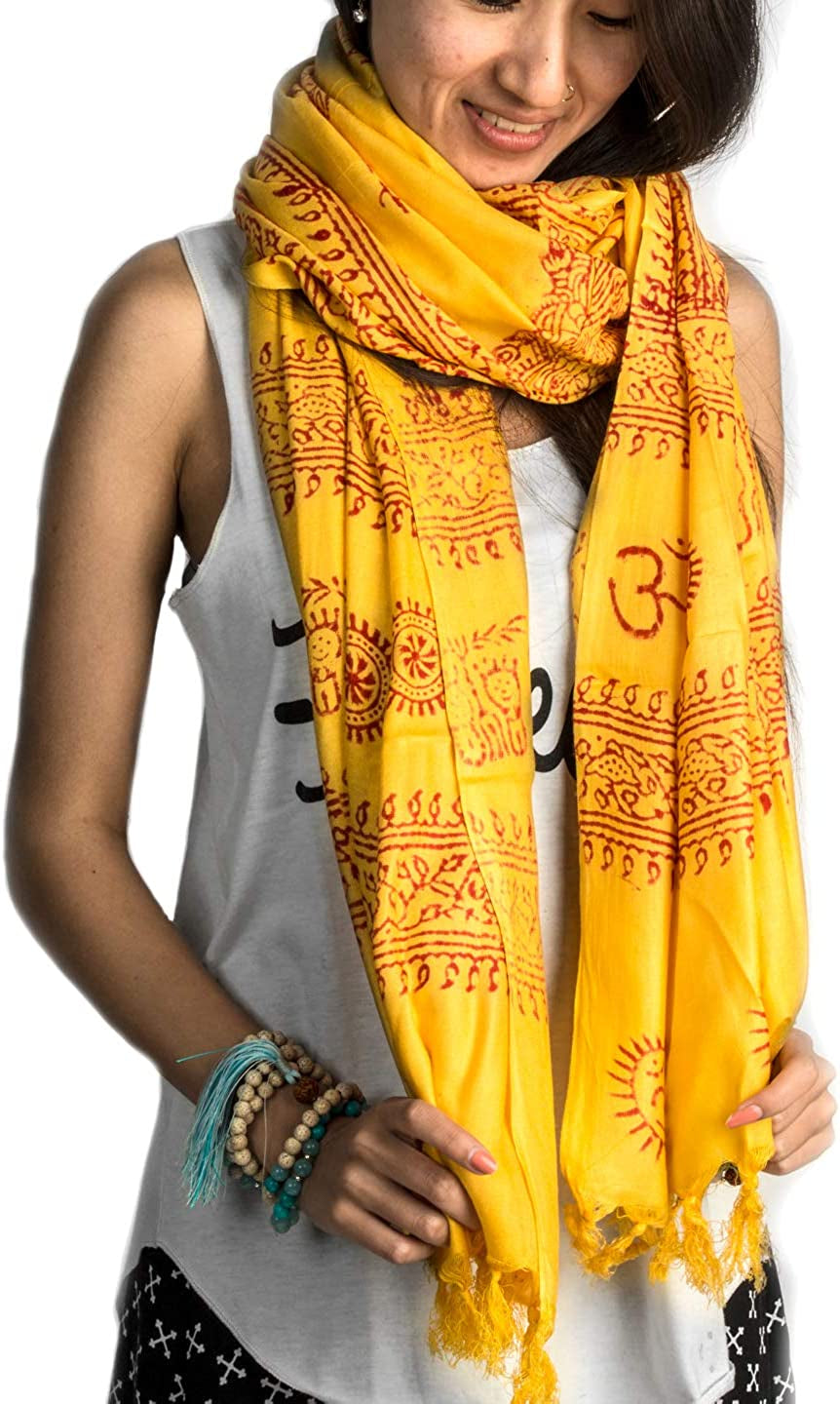 Large Om Scarf Wrap Yoga Soft Cotton Mix Hand Printed Boho Bohemian White Black Yellow Apparel & Accessories > Clothing Accessories > Scarves & Shawls Tribe Azure Yellow  