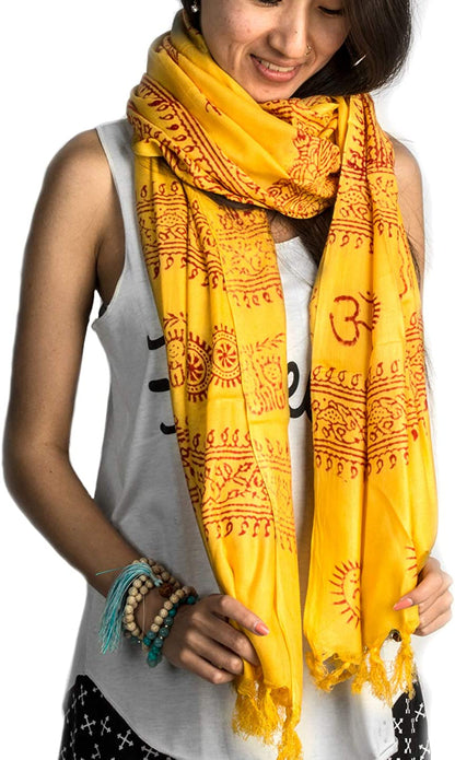 Large Om Scarf Wrap Yoga Soft Cotton Mix Hand Printed Boho Bohemian White Black Yellow Apparel & Accessories > Clothing Accessories > Scarves & Shawls Tribe Azure Yellow  