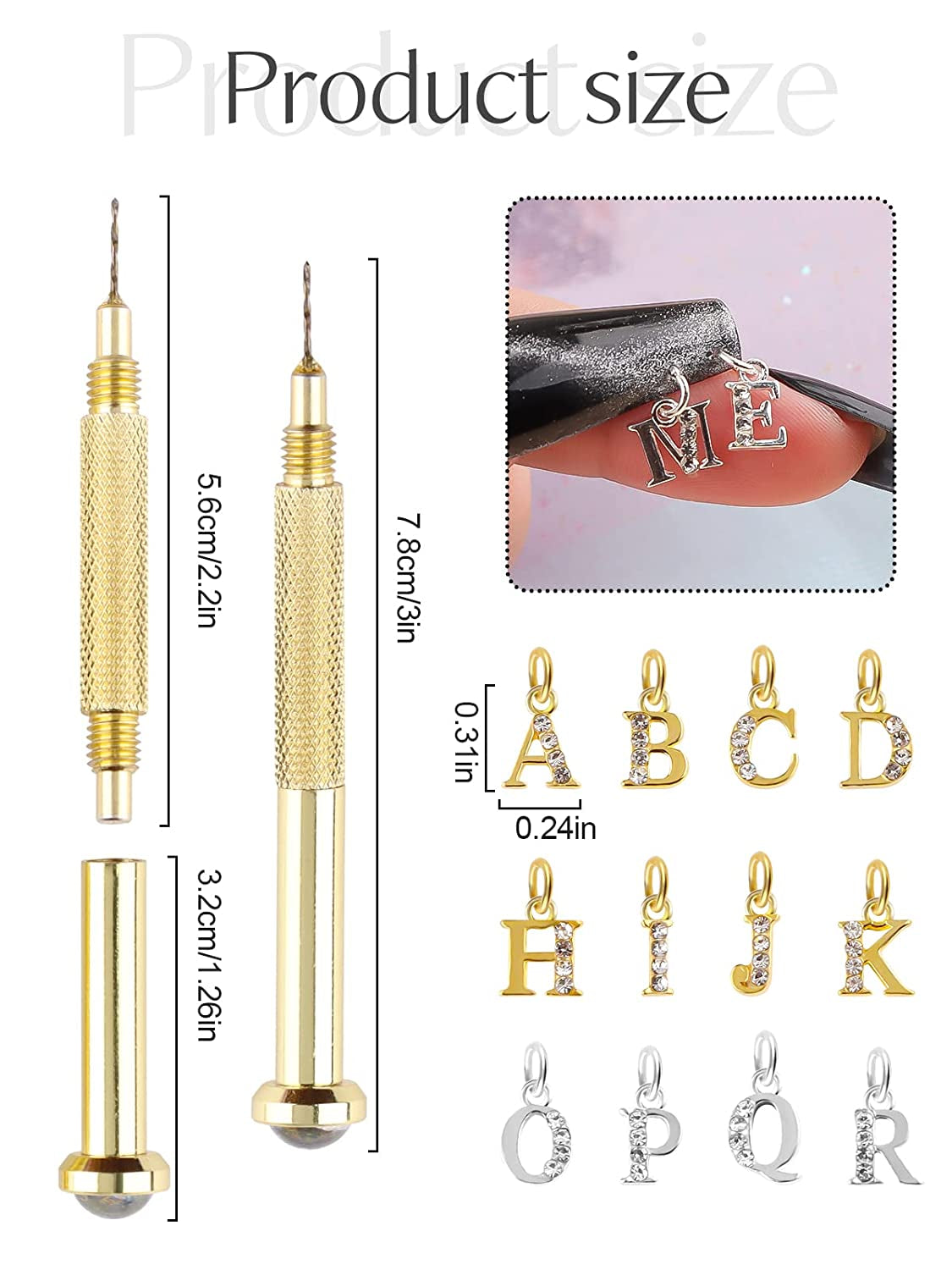 Kalolary Letter Dangle Nail Charm, 3D Piercing Alphabet Rhinestone Alloy Jewelry Hoops with Nail Piercing Tool Hand Drill for Birthday Nail Art Decoration Health & Beauty > Personal Care > Cosmetics > Cosmetic Tools > Nail Tools Kalolary   