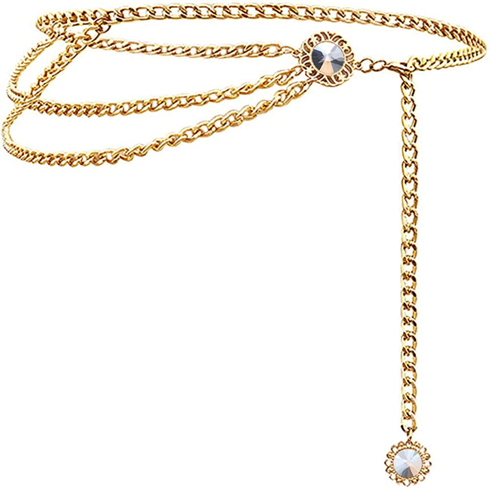 Glamorstar Multilayer Metal Waist Chain Dress Belts Metal Belt for Women Apparel & Accessories > Clothing Accessories > Belts Glamorstar Crystal Gold Large(130cm/51.2in) 