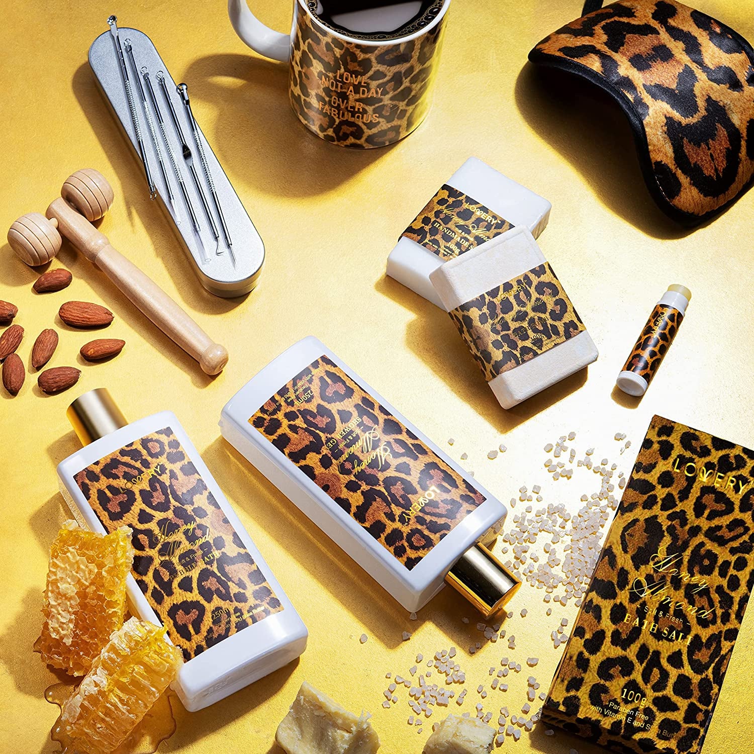 Gift Baskets for Women & Men, 18Pc Honey Almond Home Bath Pampering Package for Relaxing Stress Relief, Leopard Print Thank You, Birthday Gifts, Spa Self Care Kit, Aromatherapy Gifts Health & Beauty > Personal Care > Cosmetics > Bath & Body LOVERY   