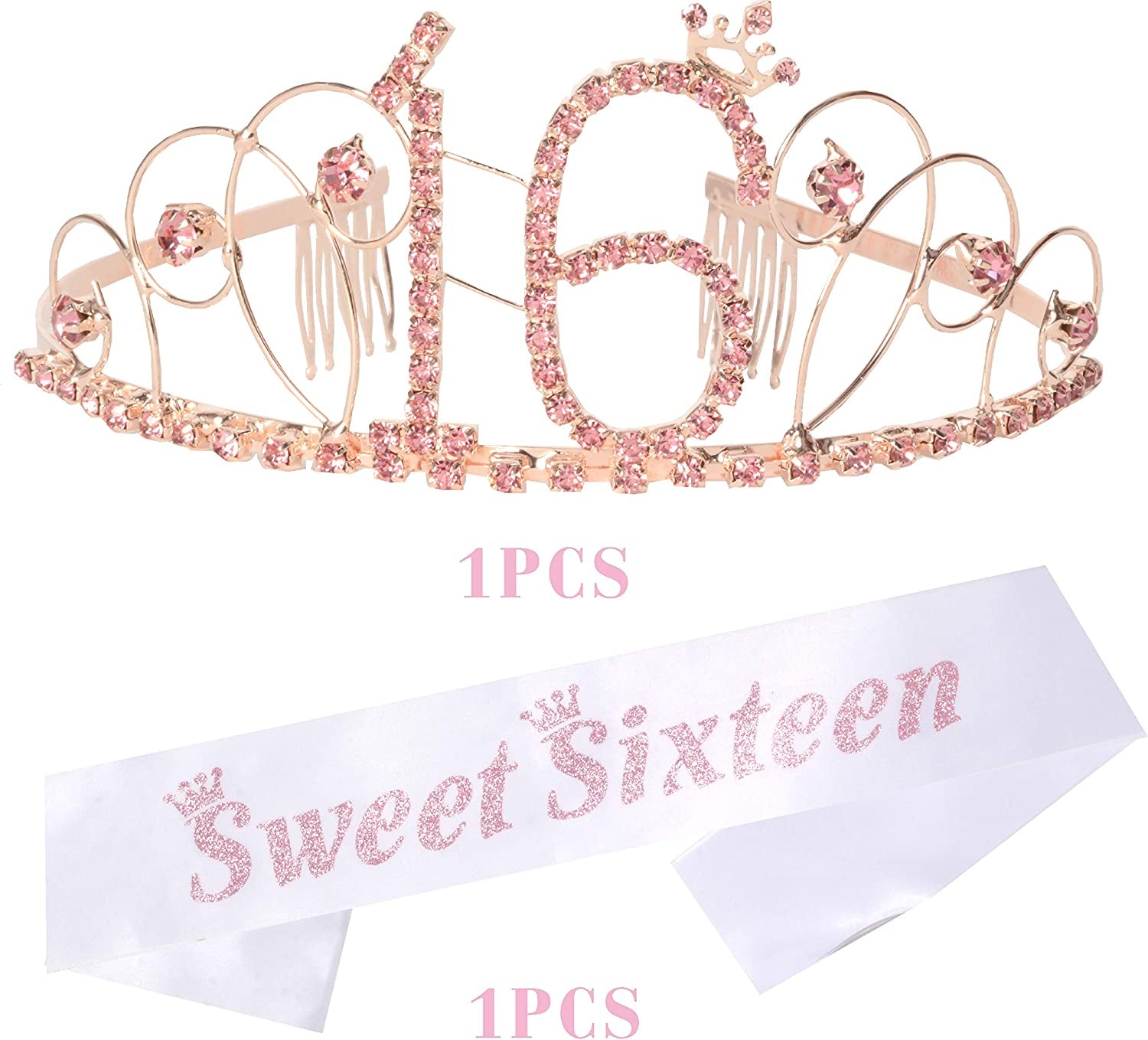 MEANT2TOBE 16Th Birthday Sash and Tiara for Girls - Fabulous Set: Glitter Sash + Basic Rhinestone Pink Premium Metal Tiara, 16Th Birthday Gifts for Sweet 16 Birthday Party Apparel & Accessories > Clothing Accessories > Sashes MEANT2TOBE   