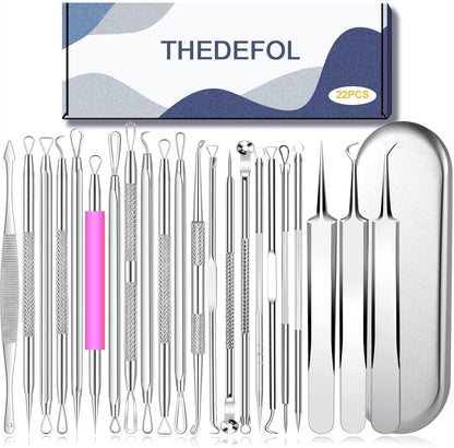 22PCS Blackhead Remover Tools, Acne Blemish Removal, Pimple Popper Extractor, Comedone Whitehead Zit Tweezers, Stainless Steel with Metal Case Health & Beauty > Personal Care > Cosmetics > Cosmetic Tools > Skin Care Tools THEDEFOL   