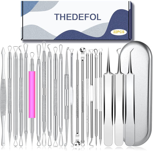 22PCS Blackhead Remover Tools, Acne Blemish Removal, Pimple Popper Extractor, Comedone Whitehead Zit Tweezers, Stainless Steel with Metal Case Health & Beauty > Personal Care > Cosmetics > Cosmetic Tools > Skin Care Tools THEDEFOL   