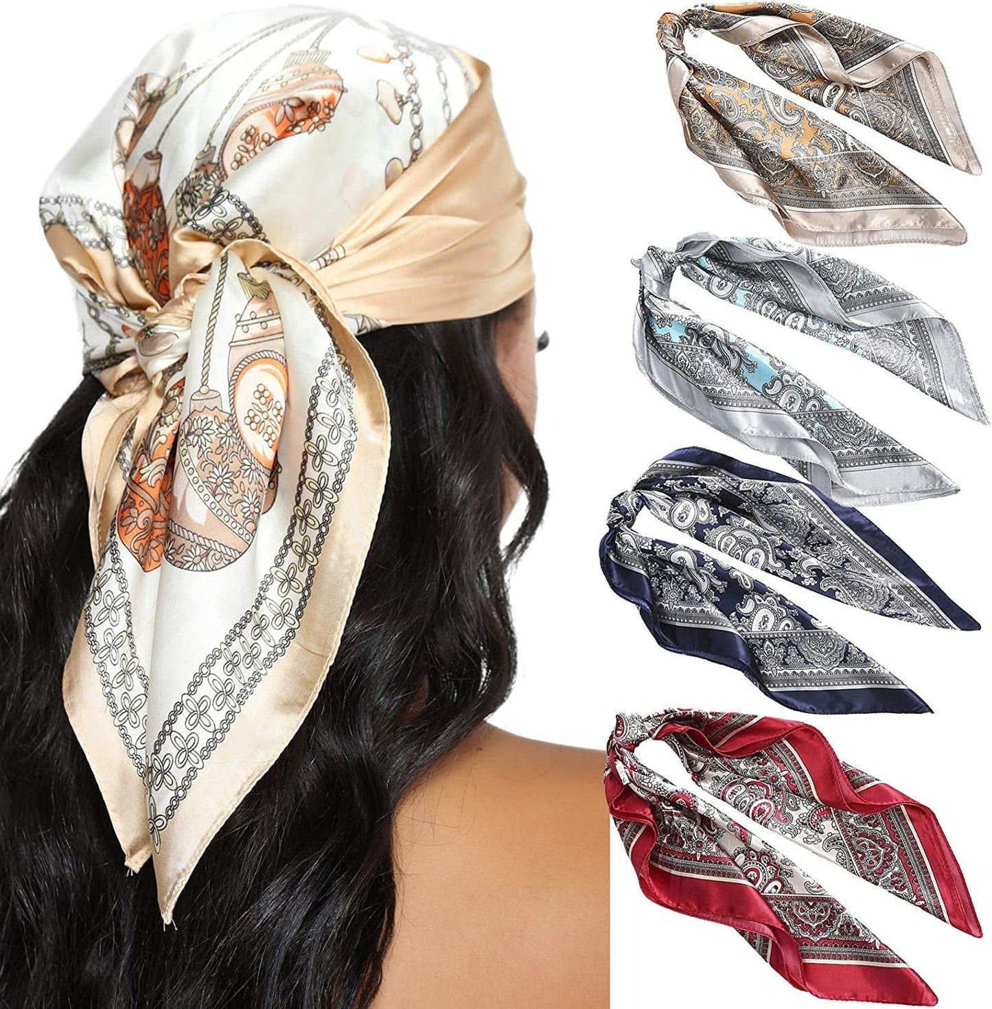 23.6 Inches Satin Head Scarves for Women 4PCS Square Silk like Hair Scarves Silk Hair Bandanas Apparel & Accessories > Clothing Accessories > Bandanas & Headties AWAYTR Cashew  