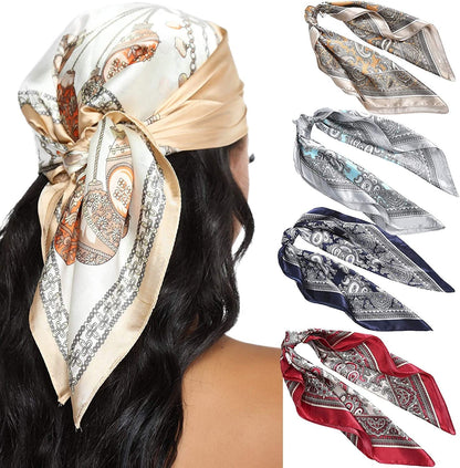 23.6 Inches Satin Head Scarves for Women 4PCS Square Silk like Hair Scarves Silk Hair Bandanas Apparel & Accessories > Clothing Accessories > Bandanas & Headties AWAYTR Cashew  