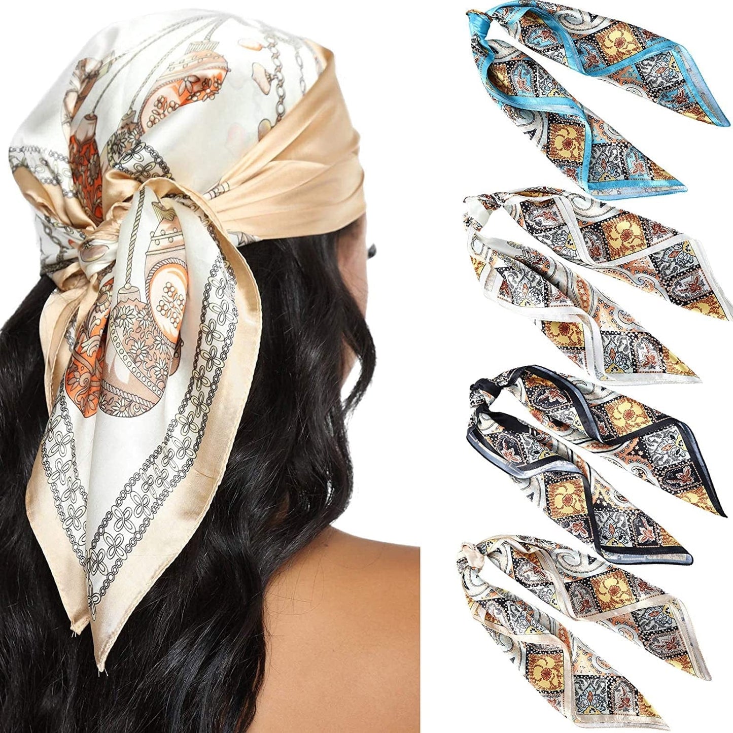 23.6 Inches Satin Head Scarves for Women 4PCS Square Silk like Hair Scarves Silk Hair Bandanas Apparel & Accessories > Clothing Accessories > Bandanas & Headties AWAYTR Cashew(black/Blue/Camel/Beige)  