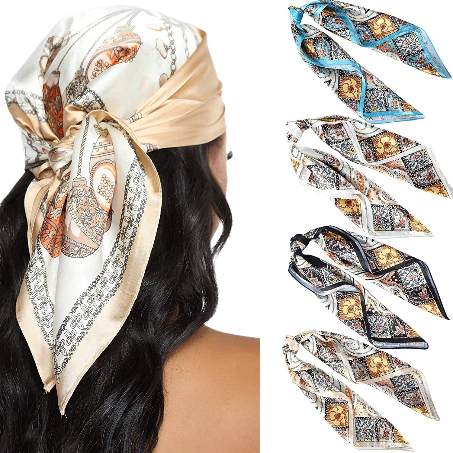 23.6 Inches Satin Head Scarves for Women 4PCS Square Silk like Hair Scarves Silk Hair Bandanas Apparel & Accessories > Clothing Accessories > Bandanas & Headties AWAYTR Cashew(black/Blue/Camel/Beige)  