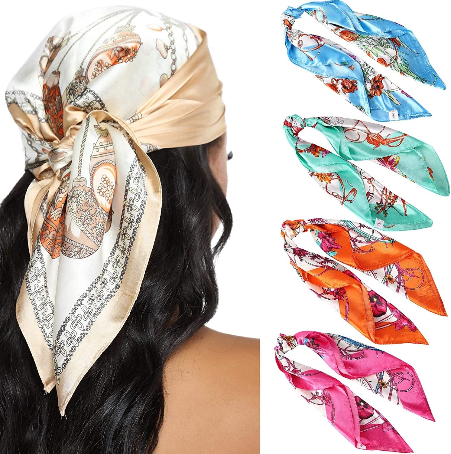 23.6 Inches Satin Head Scarves for Women 4PCS Square Silk like Hair Scarves Silk Hair Bandanas Apparel & Accessories > Clothing Accessories > Bandanas & Headties AWAYTR Flower #1  
