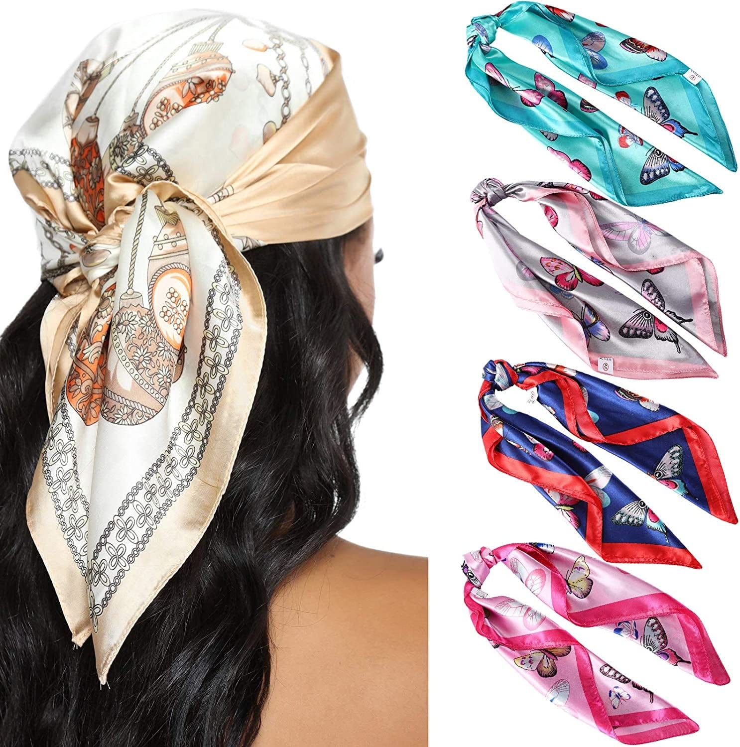 23.6 Inches Satin Head Scarves for Women 4PCS Square Silk like Hair Scarves Silk Hair Bandanas Apparel & Accessories > Clothing Accessories > Bandanas & Headties AWAYTR Butterfly  