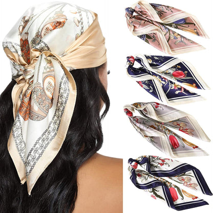23.6 Inches Satin Head Scarves for Women 4PCS Square Silk like Hair Scarves Silk Hair Bandanas Apparel & Accessories > Clothing Accessories > Bandanas & Headties AWAYTR Flower #3  