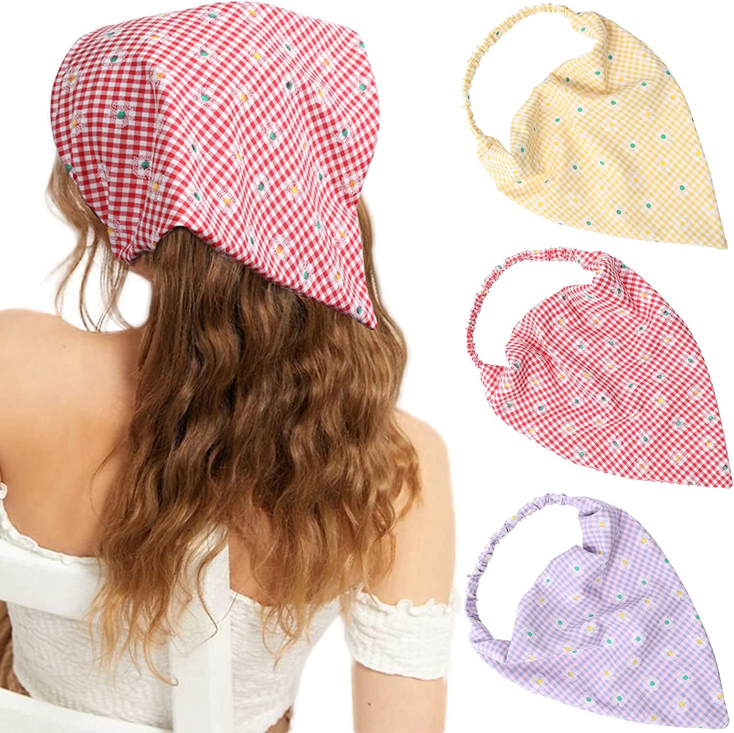 Floral Elastic Hair Scarf Headband - 3 PCS Chiffon Head Kerchief Headband Floral Hair Scarves with Hair Clips Hair Bandanas Apparel & Accessories > Clothing Accessories > Bandanas & Headties AWAYTR Plaid daisy(Red/Purple/Yellow)  
