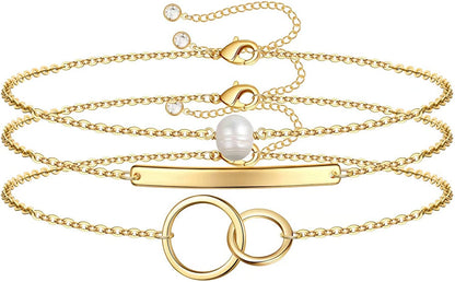Dainty Gold Bracelets for Women, 14K Gold Filled Adjustable Layered Bracelet Cute Evil Eye Oval Chain Pearl Bar Turtle Gold Bracelets for Women Jewelry Apparel & Accessories > Jewelry > Bracelets Turandoss Pearl&Bar&Two Cirlcles  