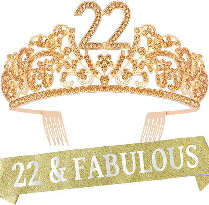 Verymerrymakering 22Th Birthday Sash and Tiara for Girls - Fabulous Set: Glitter Sash + Flowers Rhinestone Pink Premium Metal Tiara for Girls, 22Th Birthday Gifts for 22Th Birthday Party Apparel & Accessories > Clothing Accessories > Sashes VeryMerryMakering Gold  