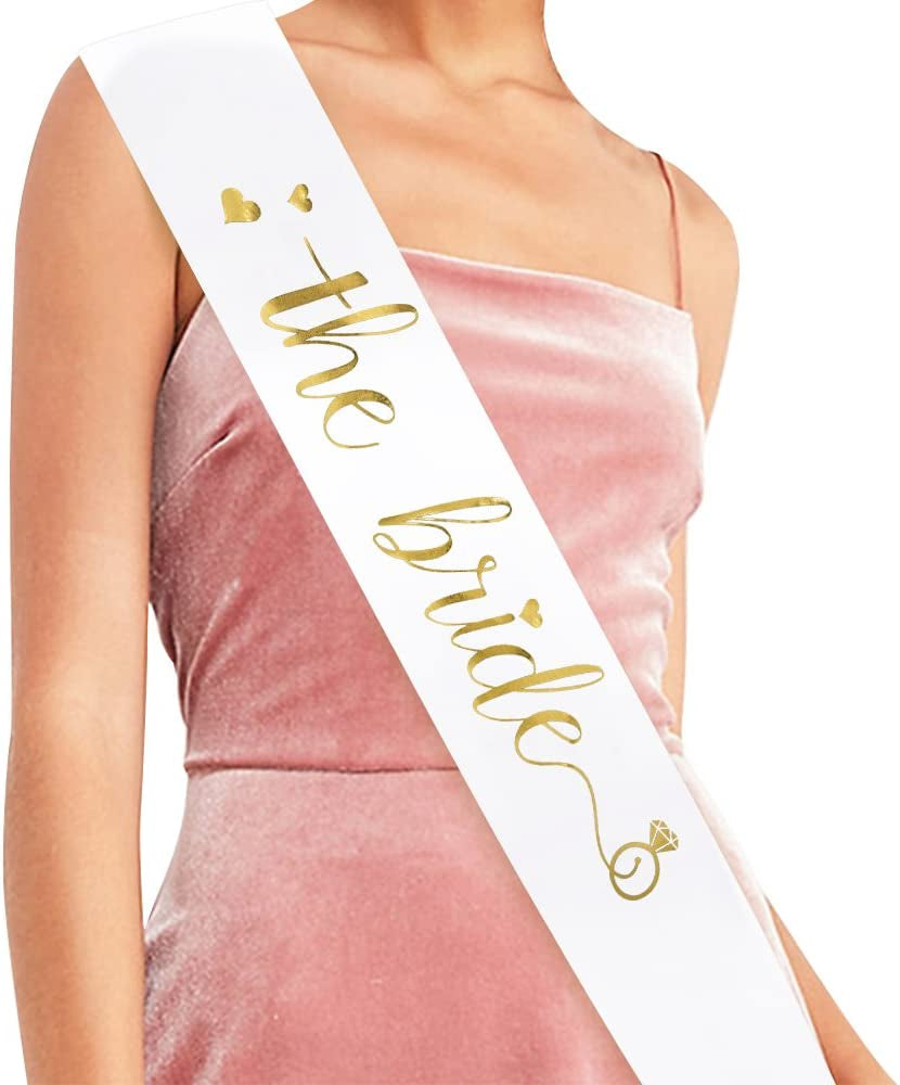 The Bride Sash - Bachelorette Party Sash Bride to Be Sash Bridal Shower Hen Party Wedding Decorations Party Favours Accessories (White with Gold Lettering) Apparel & Accessories > Clothing Accessories > Sashes YULIPS   