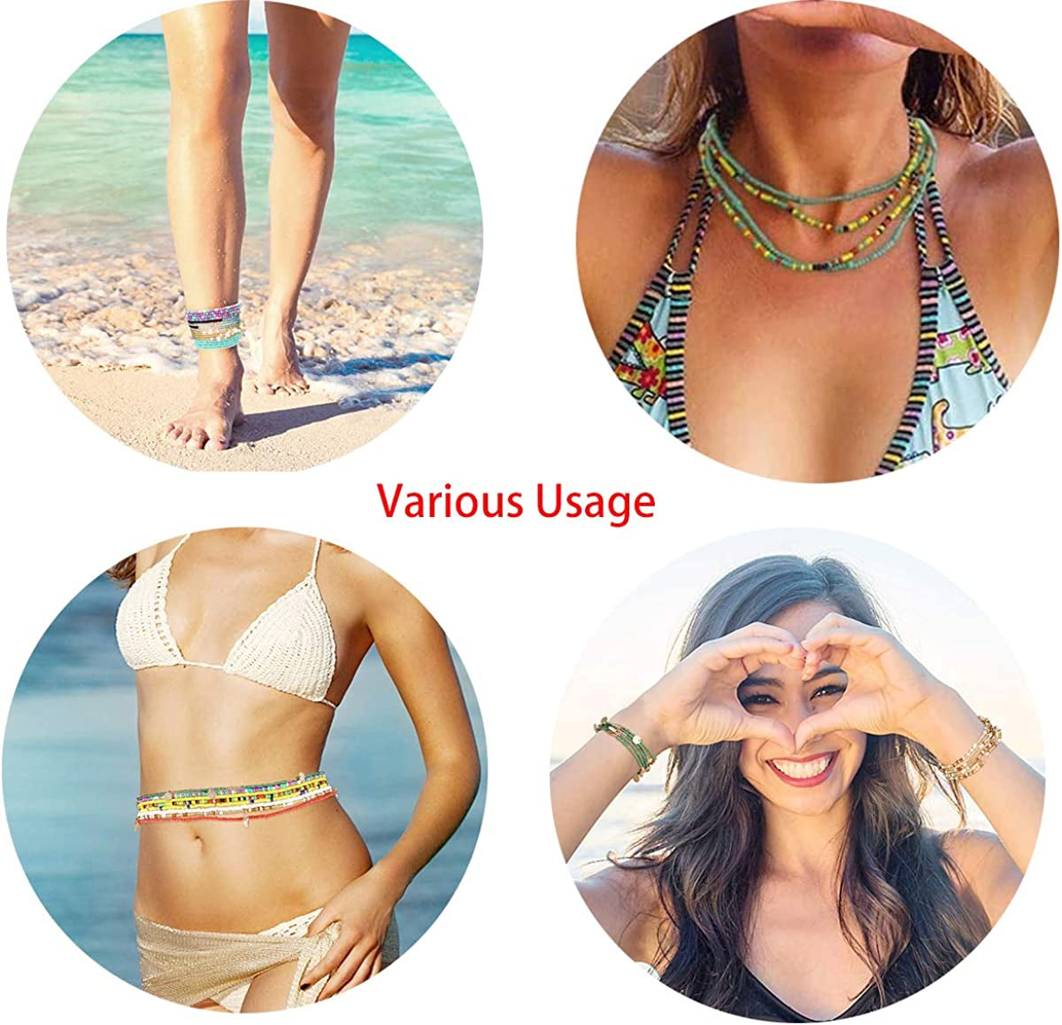 Waist Beads for Women Colorful Waist Bead African Beaded Body Chain Waist Belly Chain Stretchy Elastic String Waist Chain Summer Bikini Jewelry for Woman 33.5Inch Apparel & Accessories > Jewelry > Body Jewelry Cooluckday   