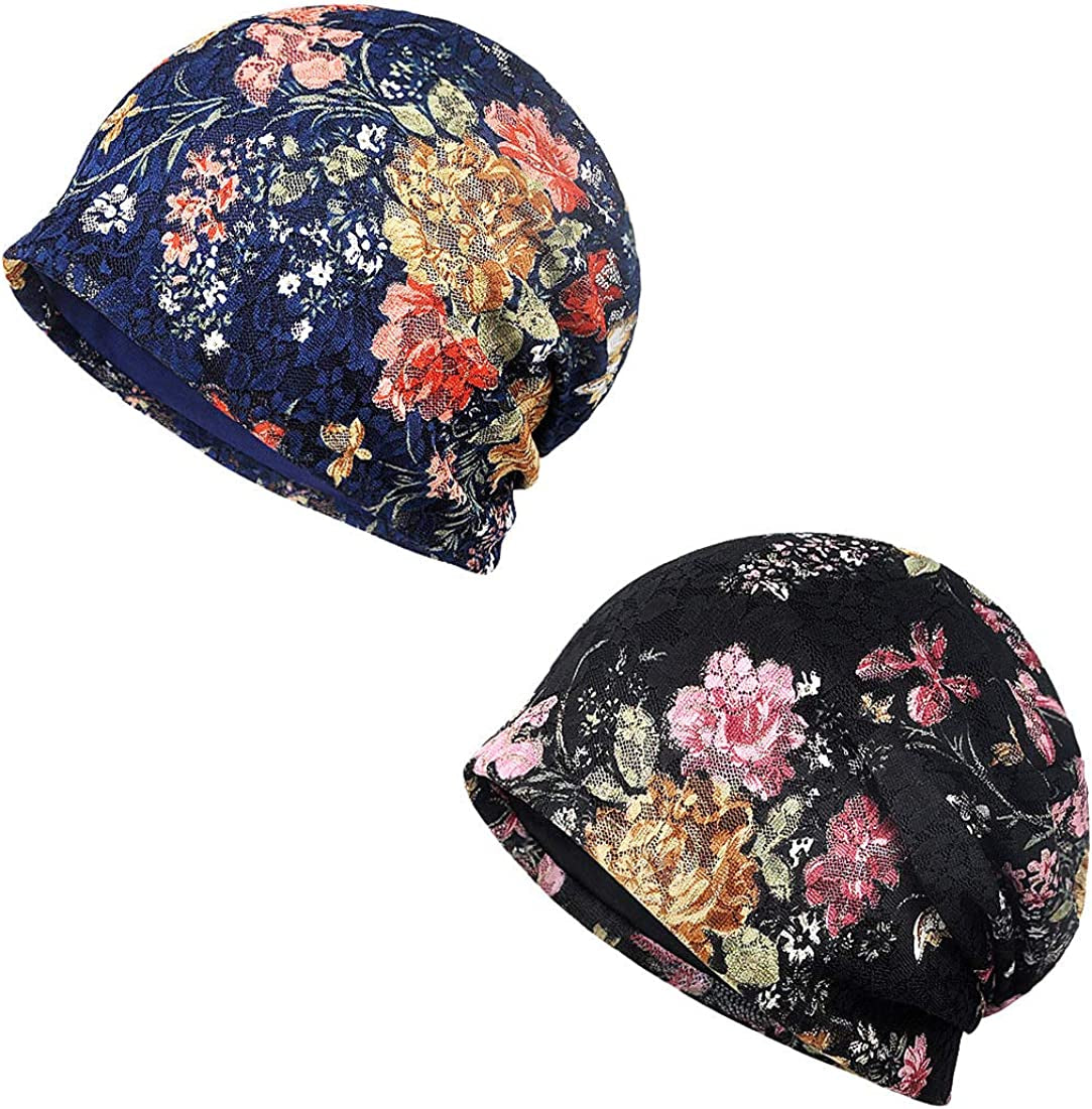 Glamorstar Floral Lace Beanie Hat Chemo Cap Stretch Slouchy Turban Headwear Apparel & Accessories > Clothing Accessories > Headwear Glamorstar Rose-black,sapphire One Size 