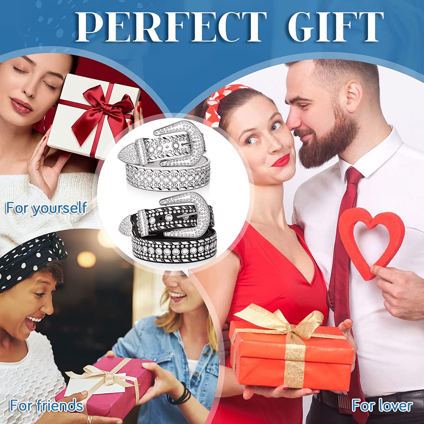 Rhinestone Belt for Women 2 Pcs Bling Studded Leather Belt Western Studded Belt Cowgirl Belt Apparel & Accessories > Clothing Accessories > Belts Geyoga   