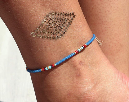 Beaded Anklet for Women, Unique Boho Bohemian Hippie Native American Beach Waterproof Anklet, Blue Gold Colorful, Handmade by Tribes Apparel & Accessories > Jewelry > Anklets Tribes by Sara K   