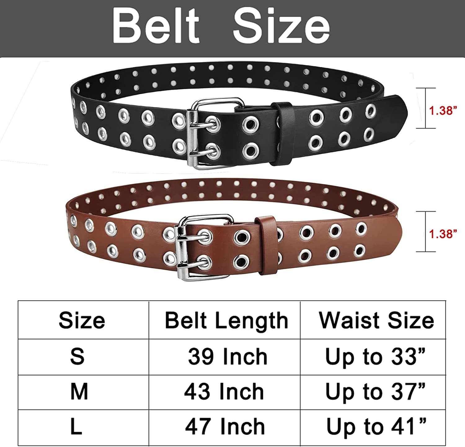 Grommet Leather Belts for Women, Black Belt Women Men with Double Studded Holes Apparel & Accessories > Clothing Accessories > Belts macoking   
