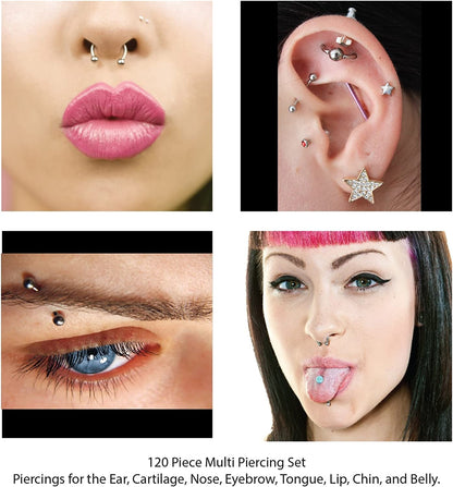 Bodyj4You 120PC Body Piercing Jewelry Kit | CBR BCR Rings Barbells Studs Screws Curved Bars | Belly Button Cartilage Tragus Nose Septum Tongue | 14G 16G 18G 20G Stainless Steel Random Bulk Set Apparel & Accessories > Jewelry > Body Jewelry BodyJ4You   