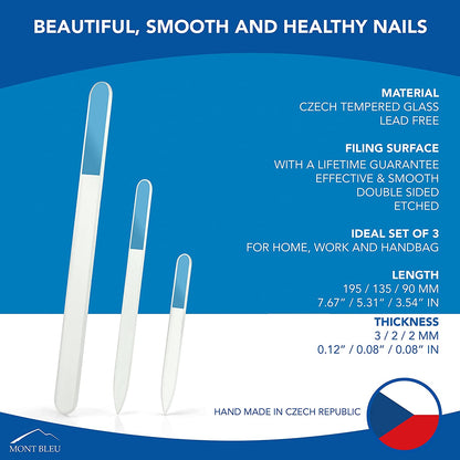 Mont Bleu Gift Set for Men of 3 Glass Nail Files in Pouch - Genuine Czech Tempered Glass - Handmade Gifts for Men - Premium Glass Nail File Manicure & Pedicure Tools Health & Beauty > Personal Care > Cosmetics > Cosmetic Tools > Nail Tools Mont Bleu   