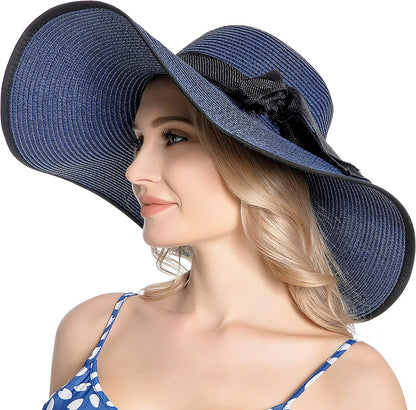 Muryobao Womens Sun Straw Hat Wide Brim UV UPF 50 Summer Hat Foldable Roll up Floppy Beach Cap for Women Apparel & Accessories > Clothing Accessories > Hats Muryobao Navy Blue  