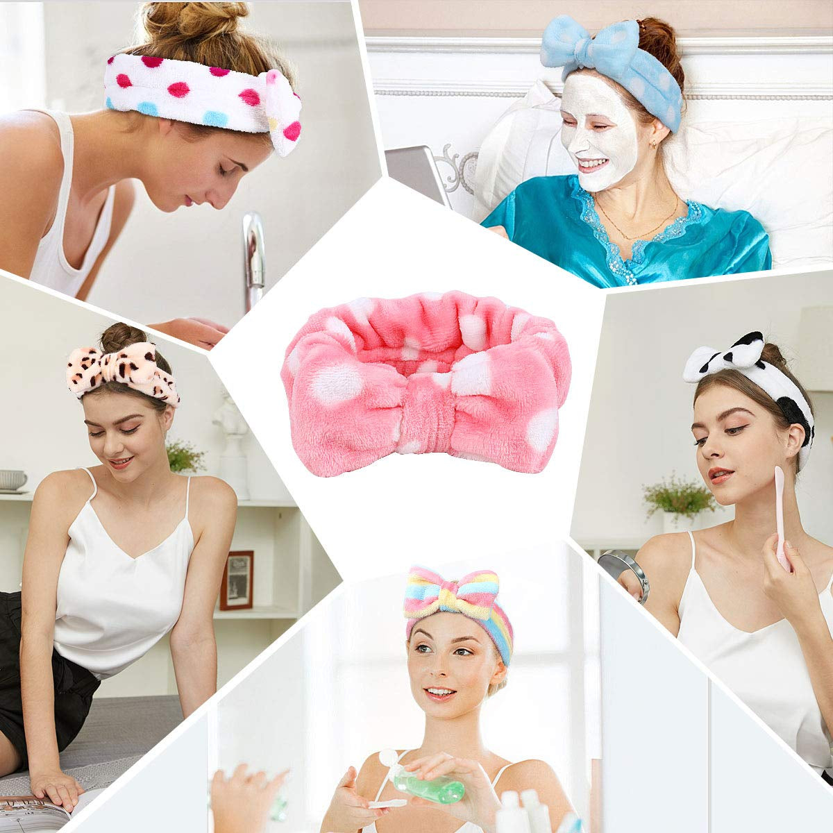 Spa Headband – 6 Pack Bow Hair Band Women Facial Makeup Head Band Soft Coral Fleece Head Wraps for Shower Washing Face Apparel & Accessories > Clothing Accessories > Bandanas & Headties LADES   