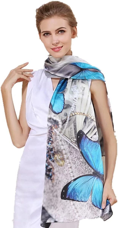 Women'S 100% Charmeuse Mulberry Silk Long Scarf for Gift Hair Ladies Shawls Floral and Butterfly Scarves Apparel & Accessories > Clothing Accessories > Scarves & Shawls WindamazingStory Off-white  