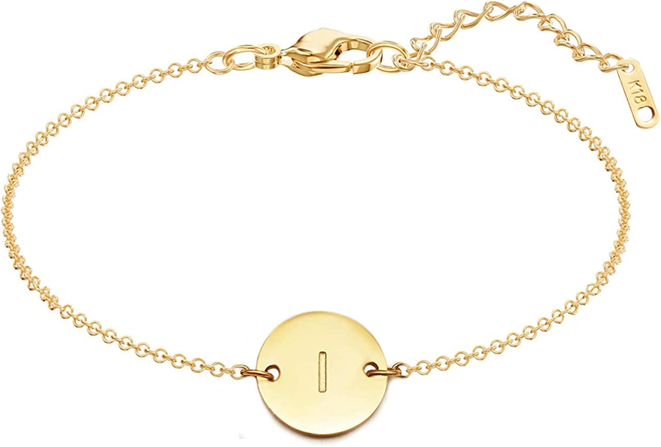 Glimmerst Personalized Initial Bracelet, 18K Gold Plated Stainless Steel Letter Bracelet Dainty Coin Charm Bracelet Delicate Disc Name Bracelet for Women Girls Apparel & Accessories > Jewelry > Bracelets Glimmerst I  