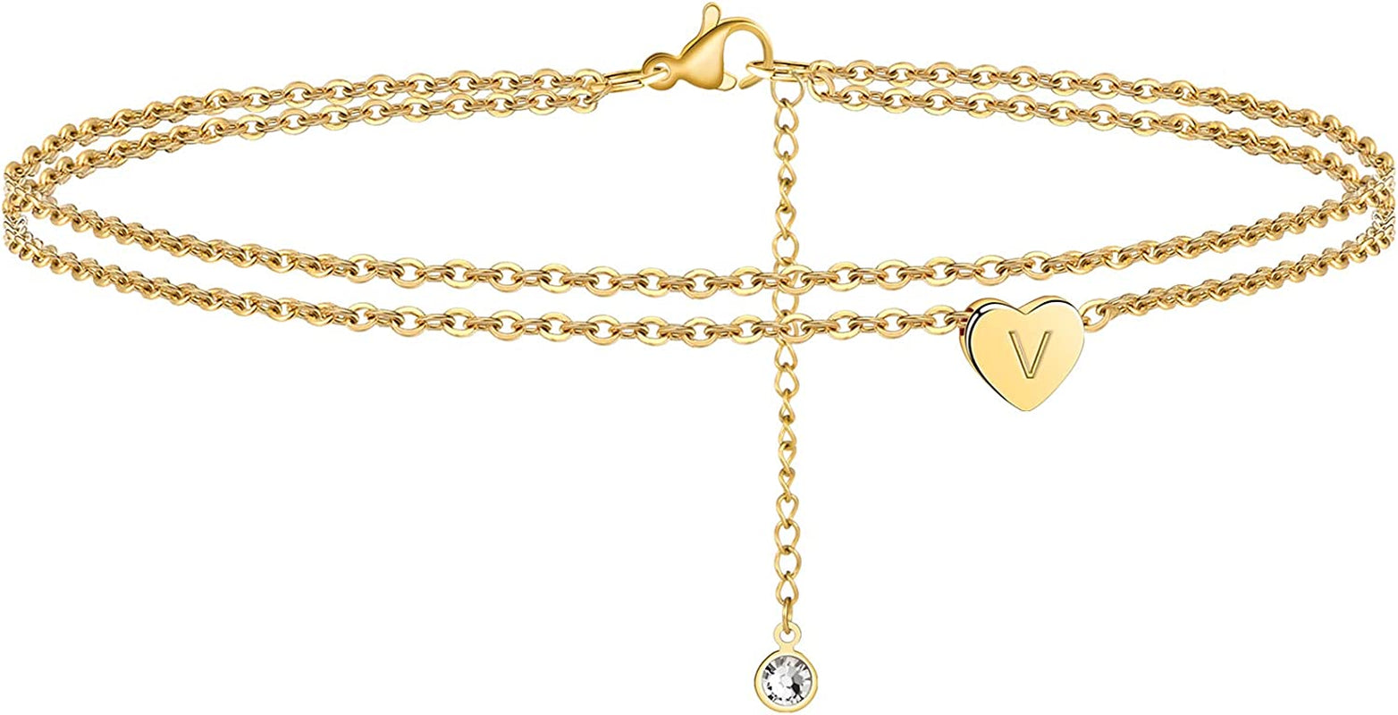 Ursteel Ankle Bracelets for Women, 14K Gold Plated Dainty Layered Heart Initial Anklets for Women Teen Girls Apparel & Accessories > Jewelry > Anklets Ursteel V  