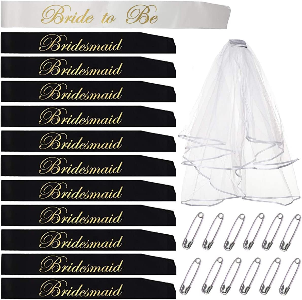 Bridal Shower Bachelorette Party Satin Sash Set:1 Bride to Be Sash, 11 Bride Tribe Sash, 1 Pcs Veil with Comb, 13 Pack Bride Tribe Wedding Decorations Kit for Hen Party, Eng (12 Pcs Sash + 1 Pcs Veil) Apparel & Accessories > Clothing Accessories > Sashes Whrsinlor   