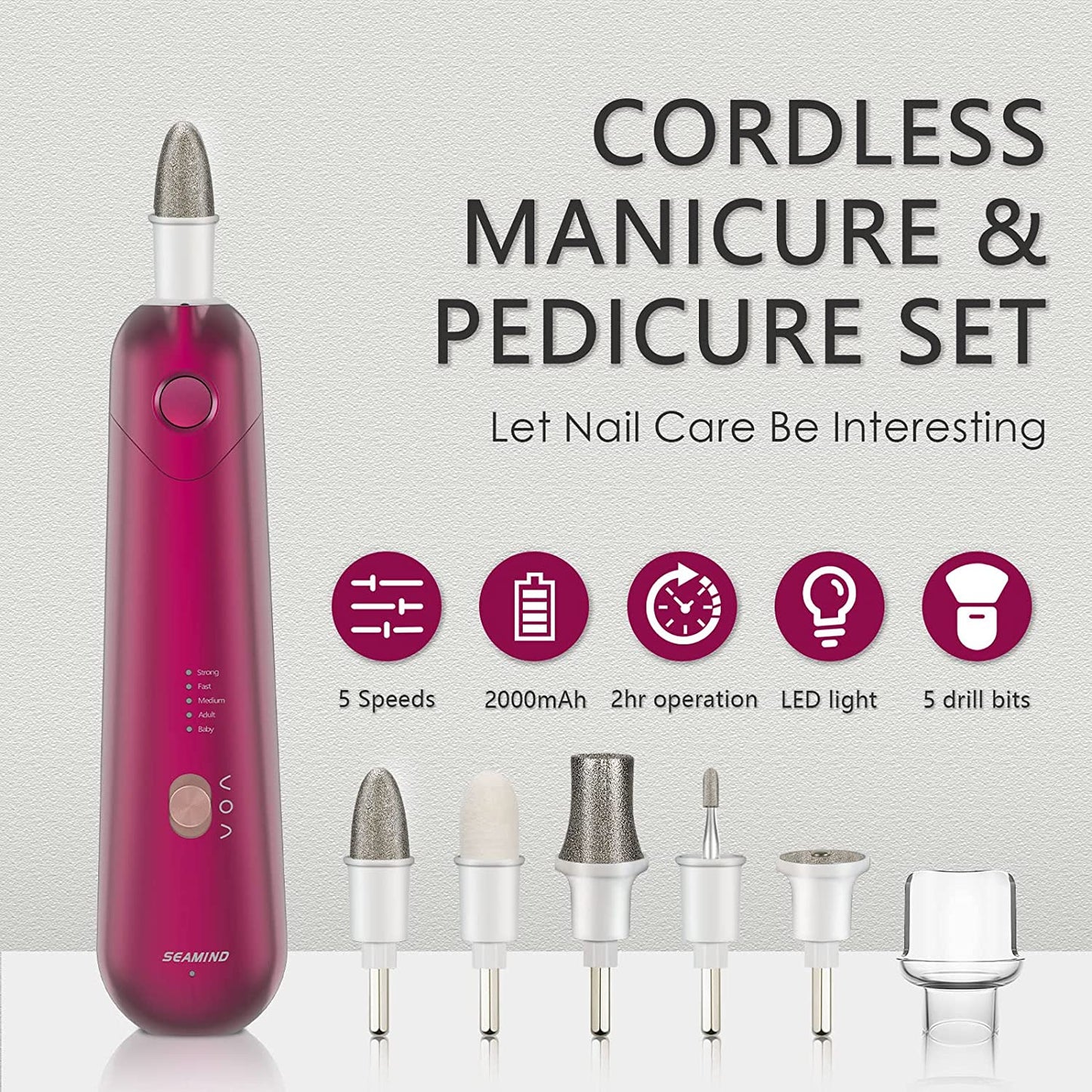 Professional Manicure Pedicure Set, Cordless Electric Nail File Kit, Rechargeable Nail Grinder for Thick Nails, 5 Speeds Hand Foot Nail Care Trimmer Buffer Tools Health & Beauty > Personal Care > Foot Care SEAMIND   