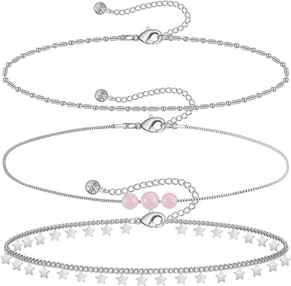 Gold Ankle Bracelets for Women 14K Gold Plated Anklet Silver Tennis Rose Quartz Cross Bead Herringbone Snake Paperclip Chain Cubic Zirconia Dainty Layered Anklet Set 3Pcs Apparel & Accessories > Jewelry > Anklets WeSparking N-White Gold-Star  