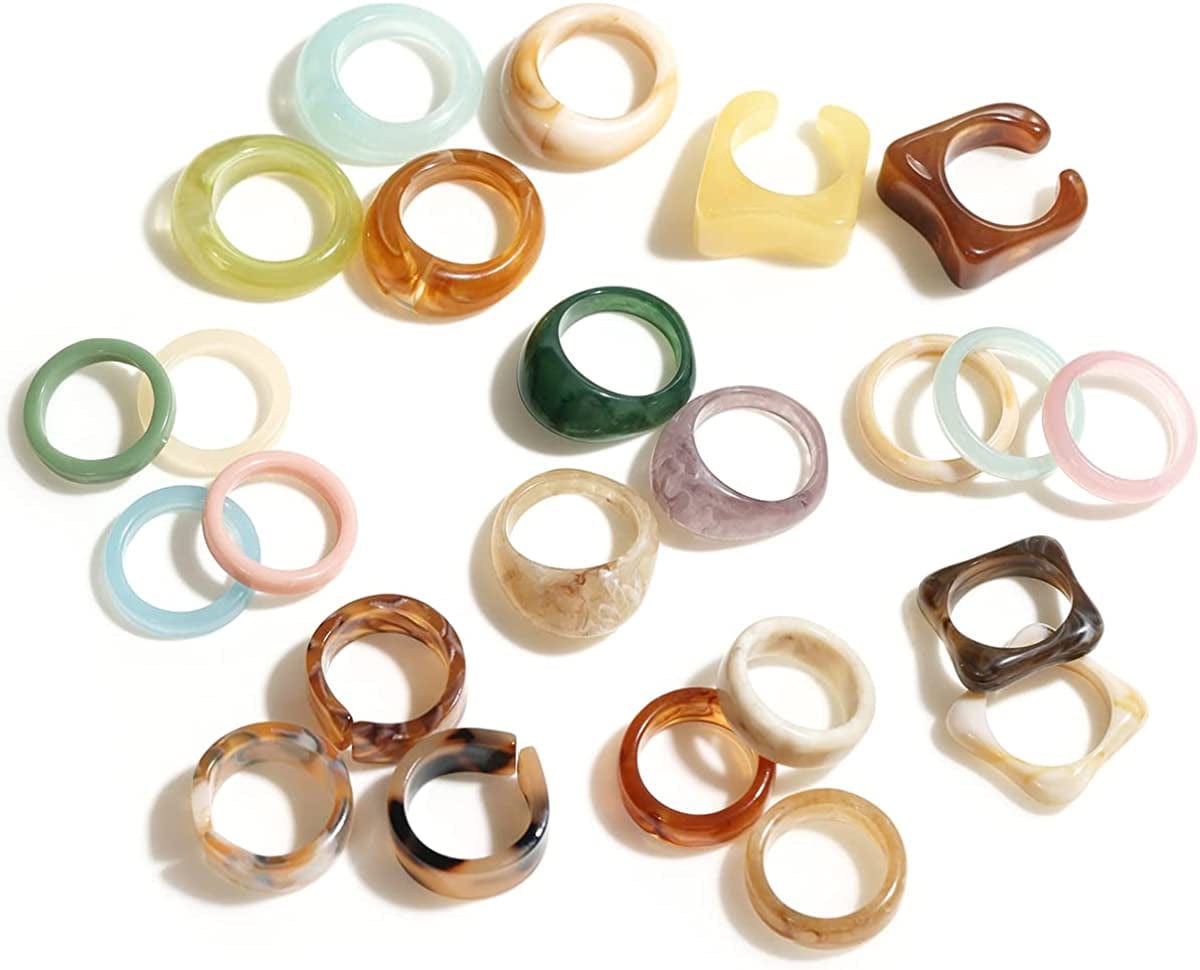 24-30Pcs Resin Rings, Plastic Rings Acrylic Rings for Women Teen Girls, Chunky Aesthetic Trendy Colorful Cute Stackable Jewelry, Bulk Rings, Statement Dome Thick Rings, Giftable Set Size 6 7 8 9 Assorted Colors 24pcs Set