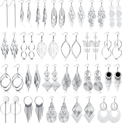 24 Pairs Crystal Teardrop Dangle Earrings Cubic Zirconia Hoop Earrings Boho Threader Earrings Set for Women Girls Christmas Simple Style