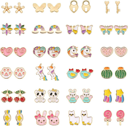 24 Pairs Hypoallergenic Earrings Set for Girls Teens Kids Stainless Steel Stud Earrings Set Animal Butterfly Rainbow Star Unicorn Cute Earring Jewelry Gifts for Girls Kids Women Purple