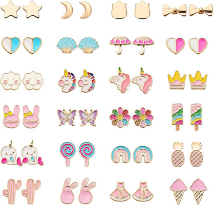 24 Pairs Hypoallergenic Earrings Set for Girls Teens Kids Stainless Steel Stud Earrings Set Animal Butterfly Rainbow Star Unicorn Cute Earring Jewelry Gifts for Girls Kids Women Pink