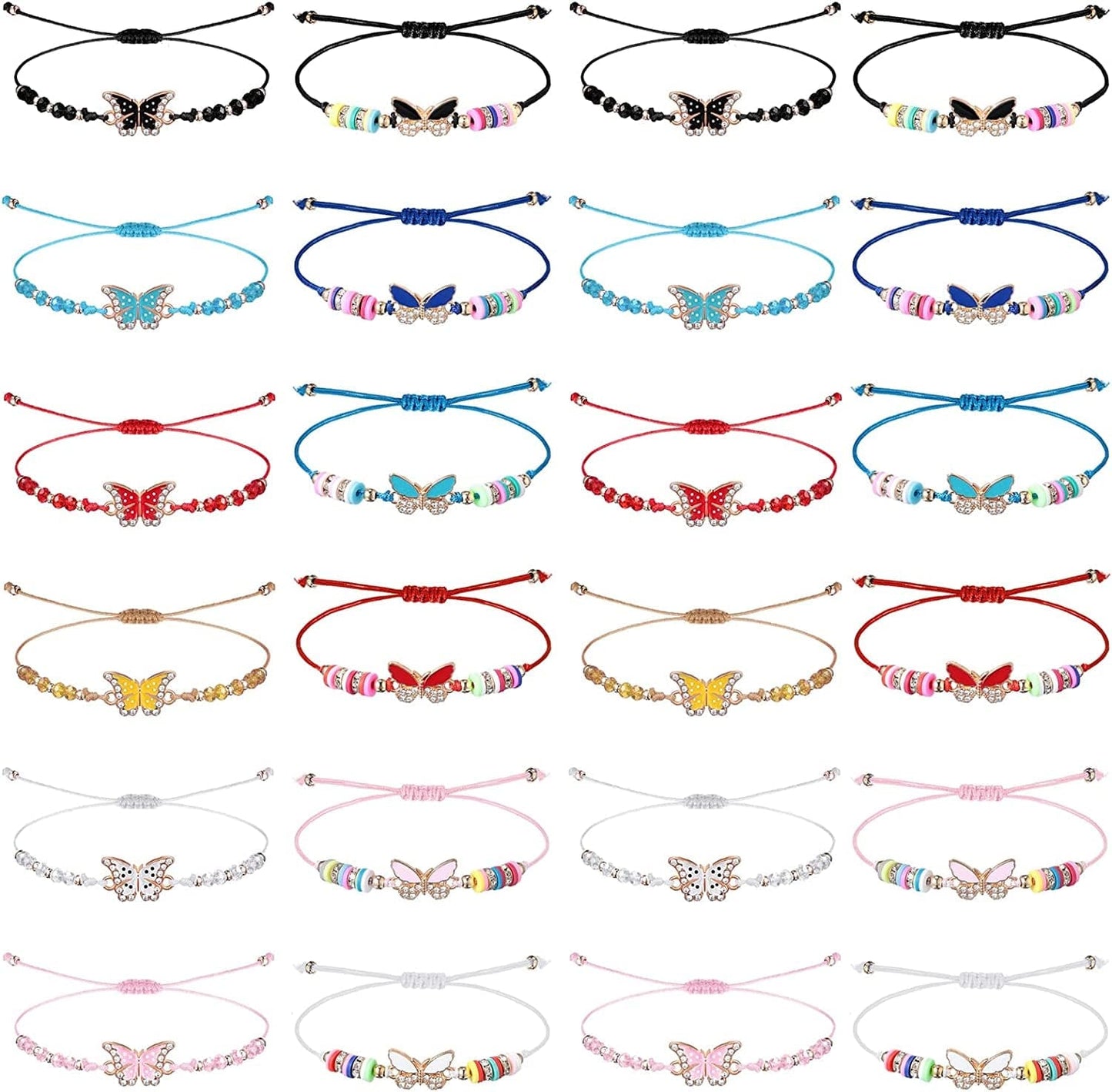 24 Pcs Butterfly Woven Friendship Bracelet Butterfly Crystal Beads Bracelet Adjustable Colorful Butterfly Bracelets for Women Girl Kids Butterfly Birthday Party Favors Apparel & Accessories > Jewelry > Bracelets Jadive Novelty Butterfly Style  