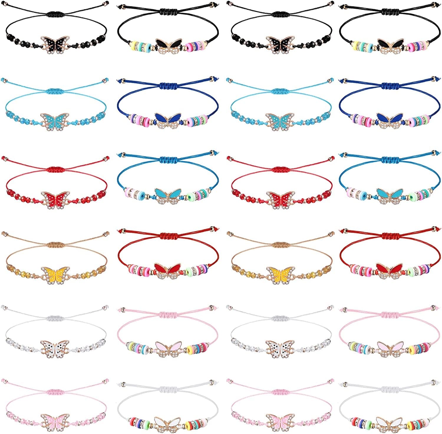 24 Pcs Butterfly Woven Friendship Bracelet Butterfly Crystal Beads Bracelet Adjustable Colorful Butterfly Bracelets for Women Girl Kids Butterfly Birthday Party Favors Apparel & Accessories > Jewelry > Bracelets Jadive Novelty Butterfly Style  
