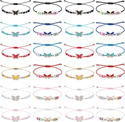 24 Pcs Butterfly Woven Friendship Bracelet Butterfly Crystal Beads Bracelet Adjustable Colorful Butterfly Bracelets for Women Girl Kids Butterfly Birthday Party Favors Apparel & Accessories > Jewelry > Bracelets Jadive Novelty Butterfly Style  