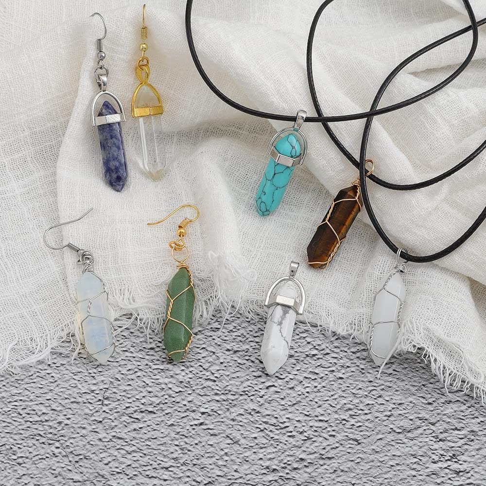 24 Pcs Healing Chakra Crystal Pendant Hexagonal Pointed Natural Stone Bullet Shaped Pendant Gemstone Quartz Charm Pendants for Necklace Jewelry Making(24)
