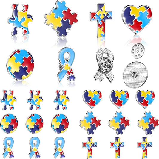 24 Pieces Autism Awareness Lapel Pin Multi Color Autism Puzzle Piece Women'S Brooches Pins for Clothing, Shirts and Jackets, 6 Styles