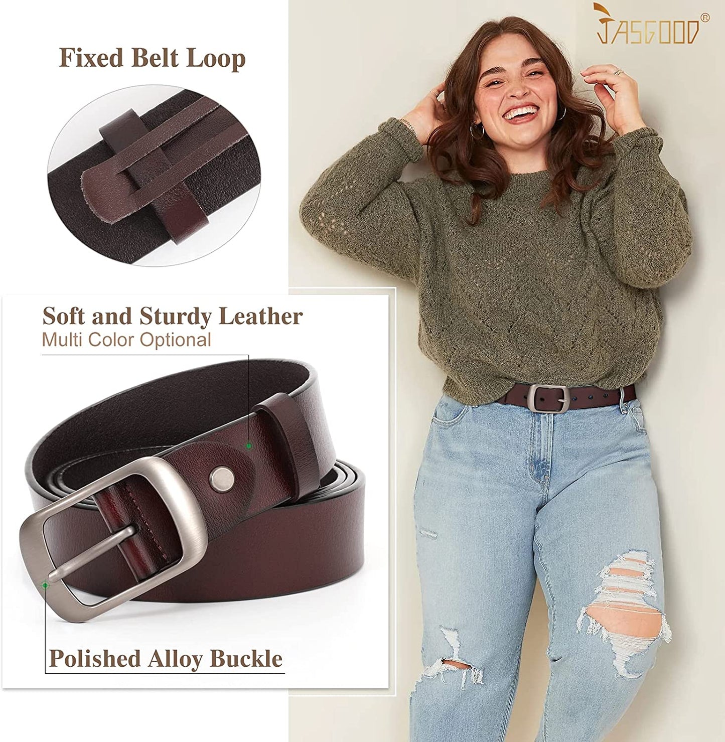 Plus Size Women Leather Belt JASGOOD Black Casual Waist Belt for Jeans Pants with Metal Pin Buckle Apparel & Accessories > Clothing Accessories > Belts KYLIE MAX   