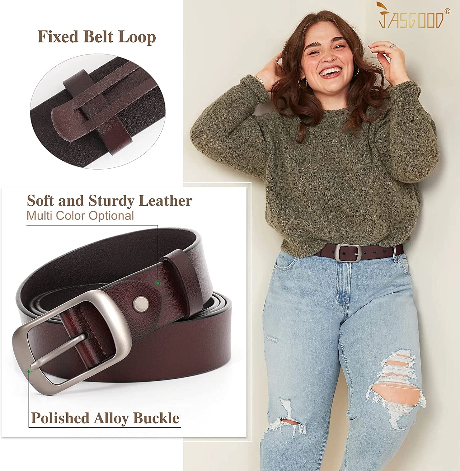 Plus Size Women Leather Belt JASGOOD Black Casual Waist Belt for Jeans Pants with Metal Pin Buckle Apparel & Accessories > Clothing Accessories > Belts KYLIE MAX   